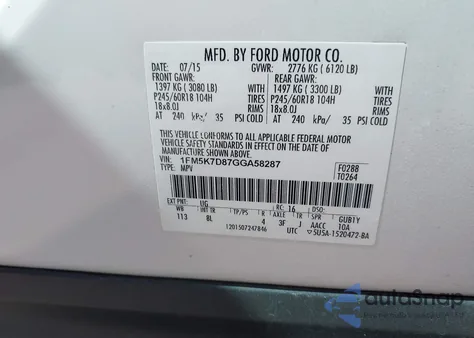 2016 Ford Explorer Xlt из США, поврежденный, VIN 1FM5K7D87GGA58287